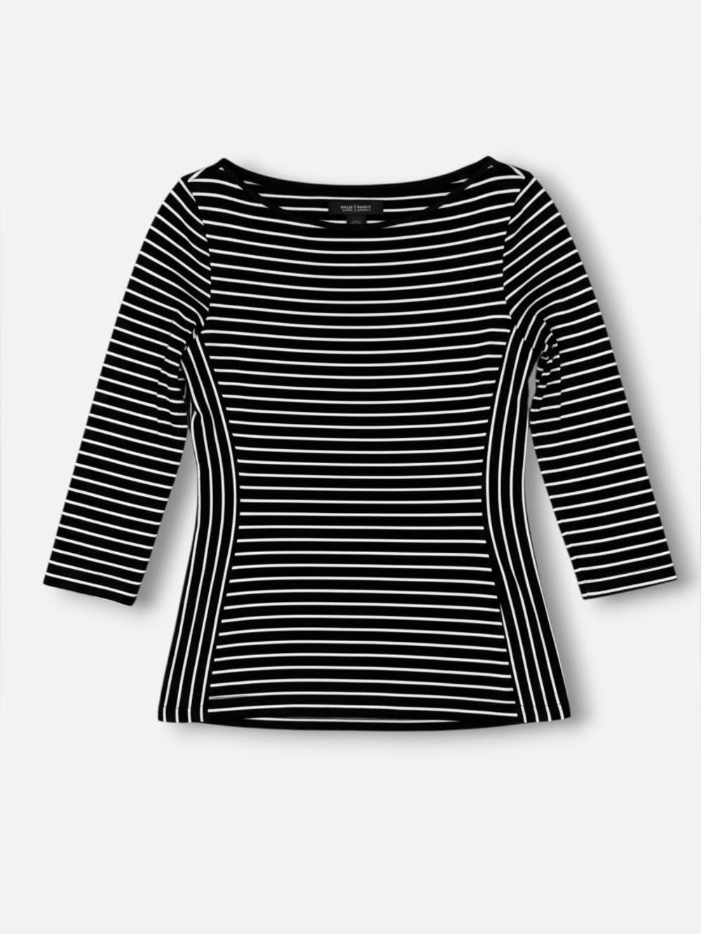 White House Black Market Striped Tee XS Black White‎ 3/4 Sleeve Boat Neck Fitted